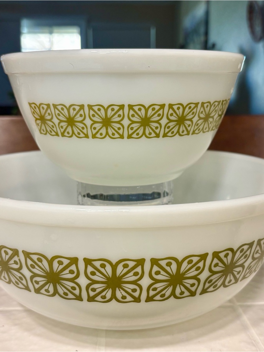 Pyrex Verde - White Milk Glass Bowls with Olive Green Floral Band - Set of 2